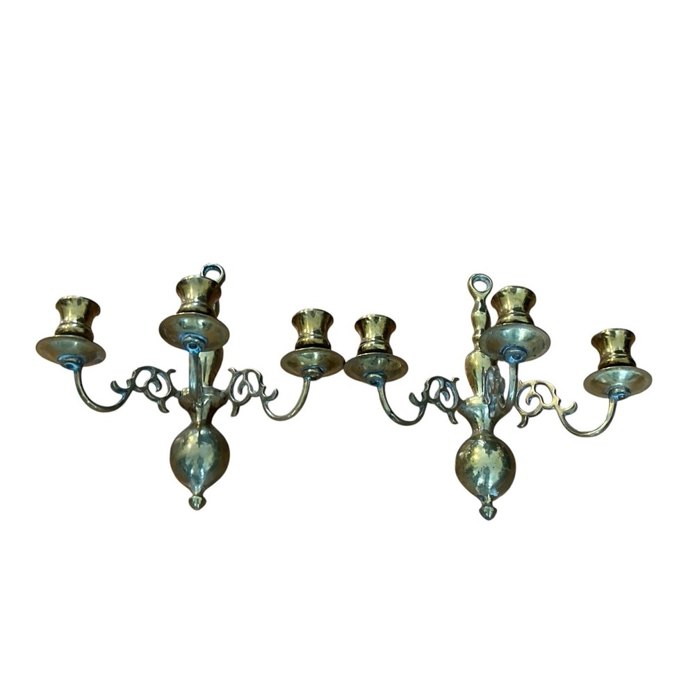 Pair Vintage Mid Century Brass Wall Candelabras‎ Sconces 9"x9"